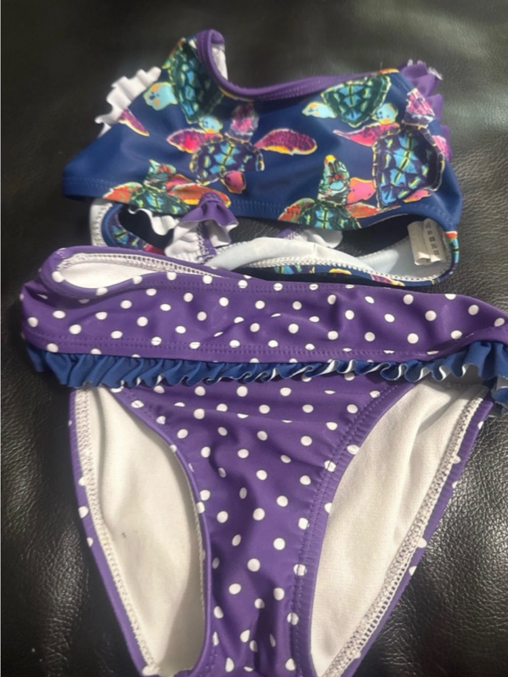 Kids Purple Polka Dot Bikini Swim Set - Turtle Print Top